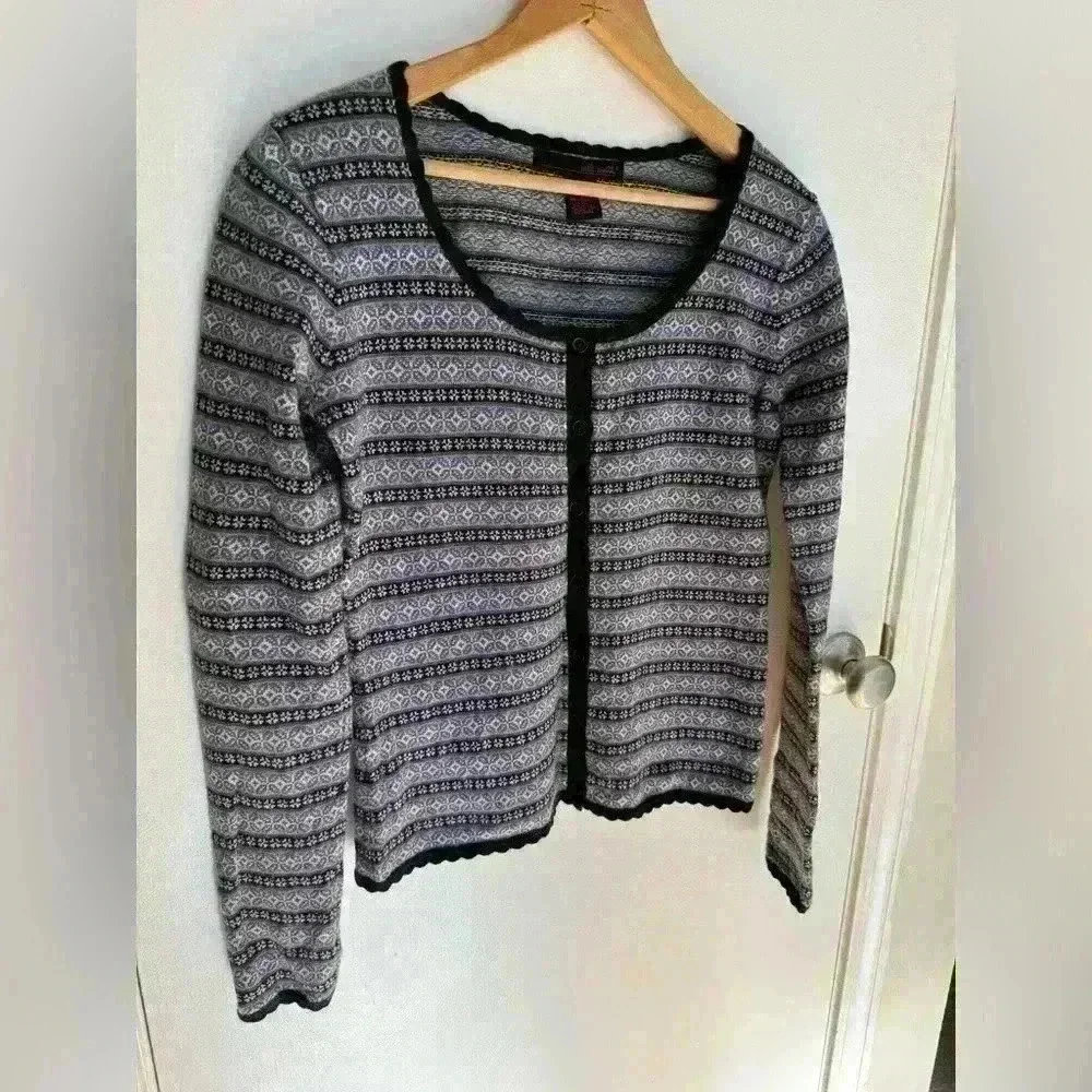 100% Merino Wool Button Up Sweater By Willi Smith Blue and Black Size Small